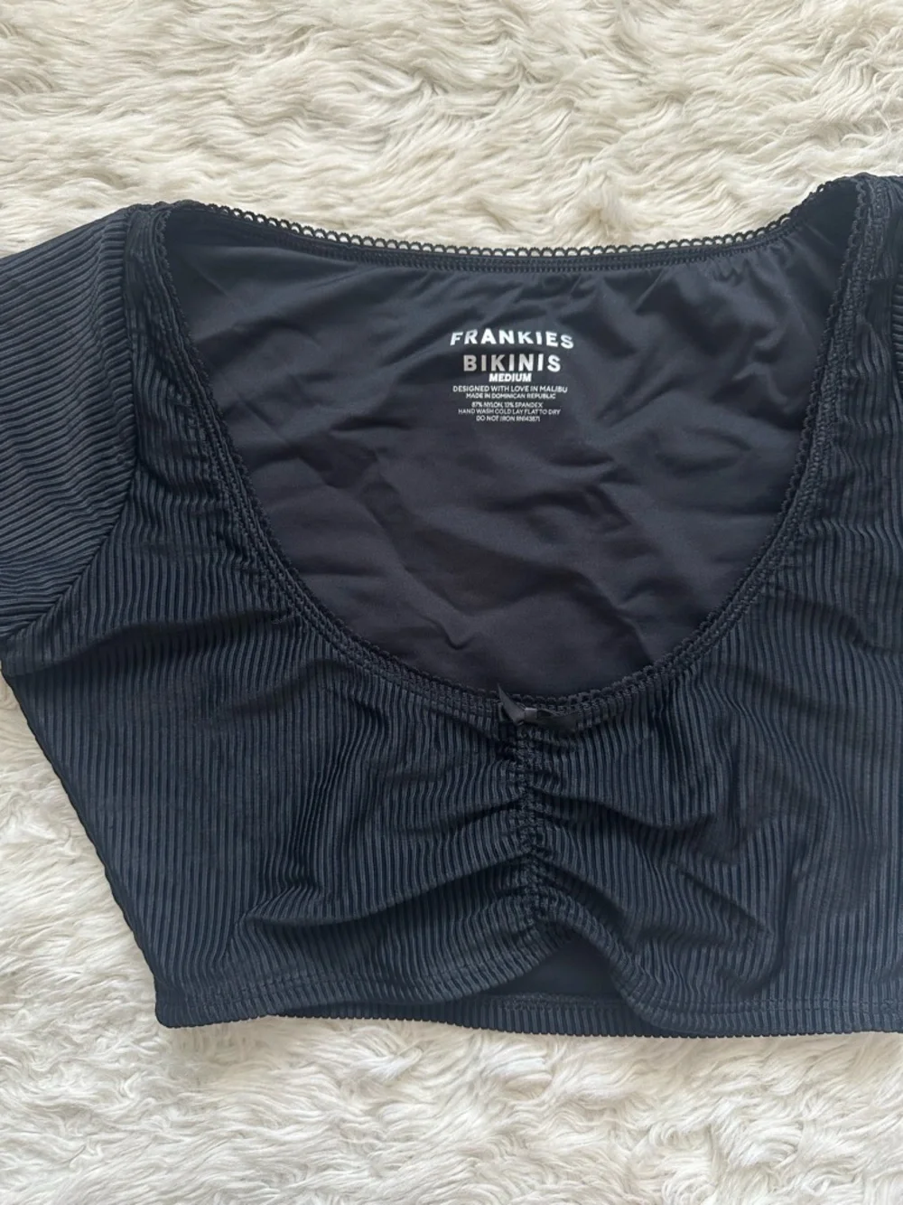 Frankie’s Bikinis Swimsuit Nicolette Ribbed Bikini Top Lace Trim Bow Black Sz M